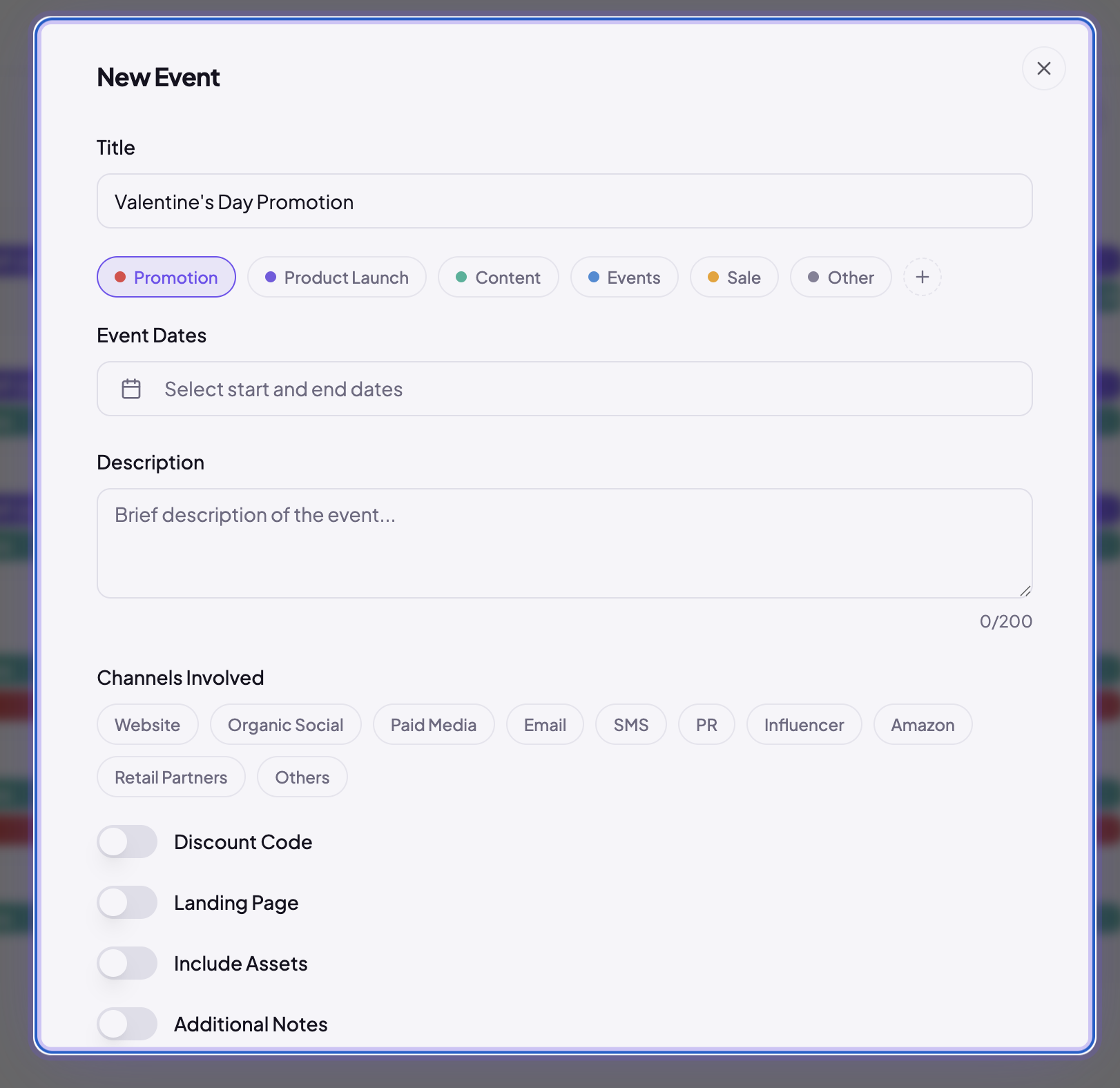 Create event dialog with fields for title, type, dates and channels